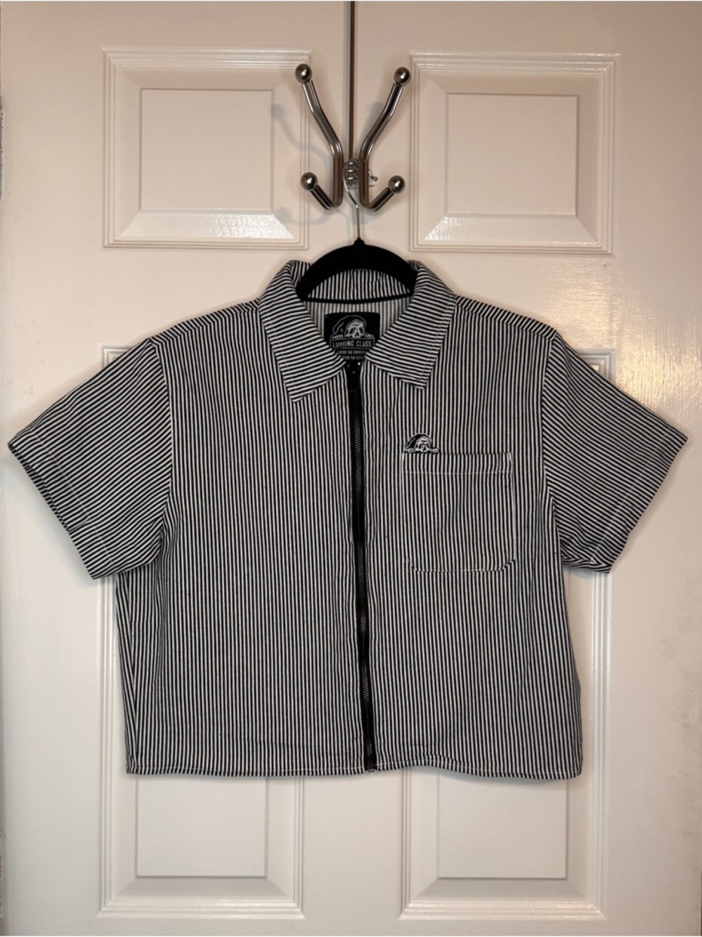 Lurking class Short-Sleeve Black & White Striped zipper -Front Shirt